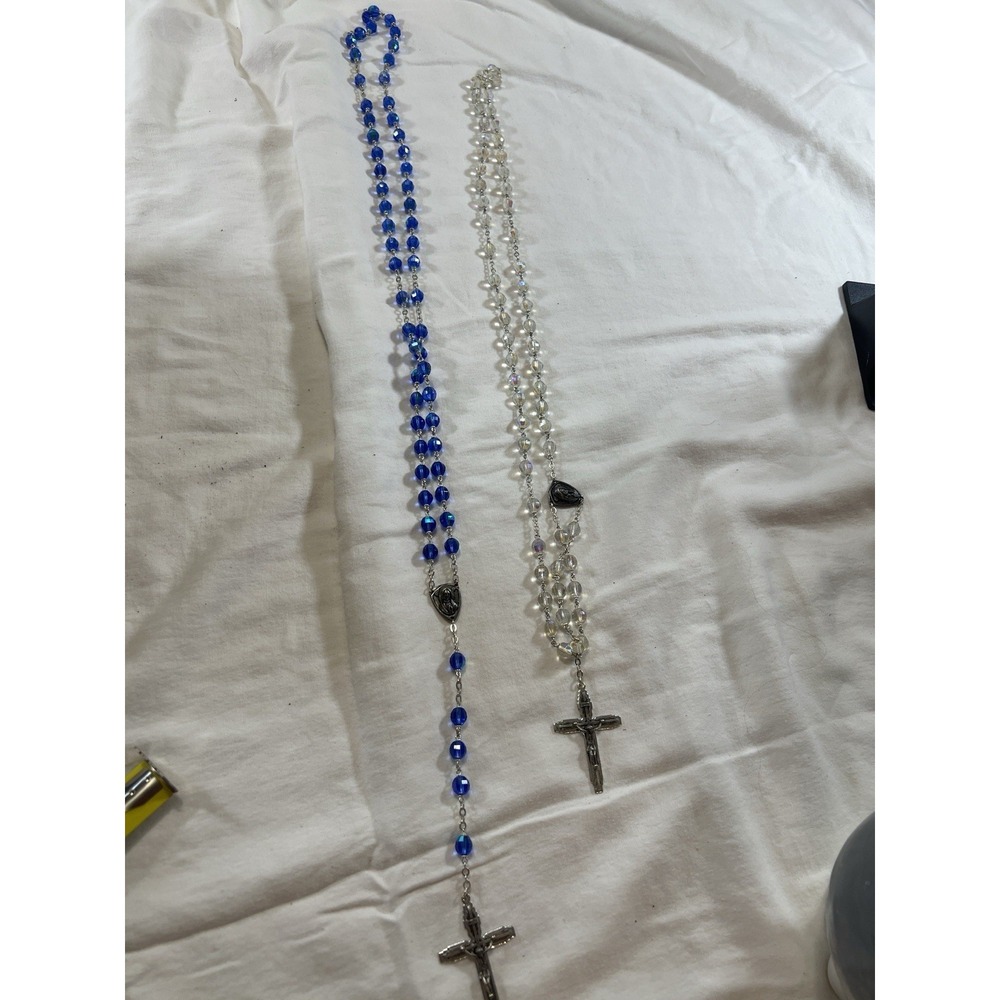 Set of 2 Catholic Rosaries Blue & Clear Glass Beads Silver Crucifix INRI Vintage - Picture 2 of 12